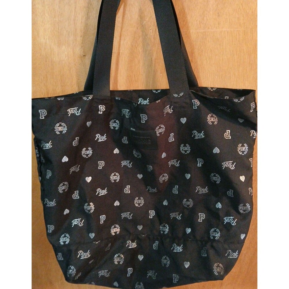 Victoria Secret PINK Black Sparkle Logo Zip Large Tote Bag Sleepover Bookbag New
